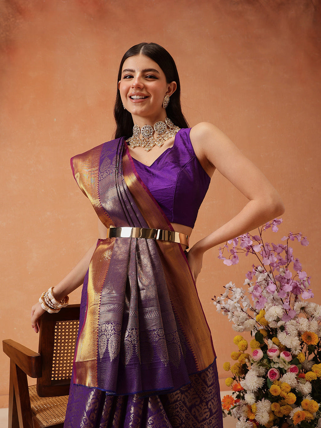 Purple Kanjeevaram Banarasi Silk Saree with Ikkat Woven Pattern
