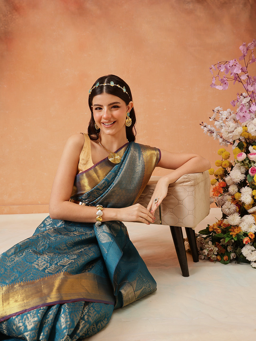 Teal Kanjeevaram Banarasi Silk Ikkat Woven Design Saree