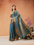 Teal Kanjeevaram Banarasi silk saree with intricate Ikkat woven patterns.