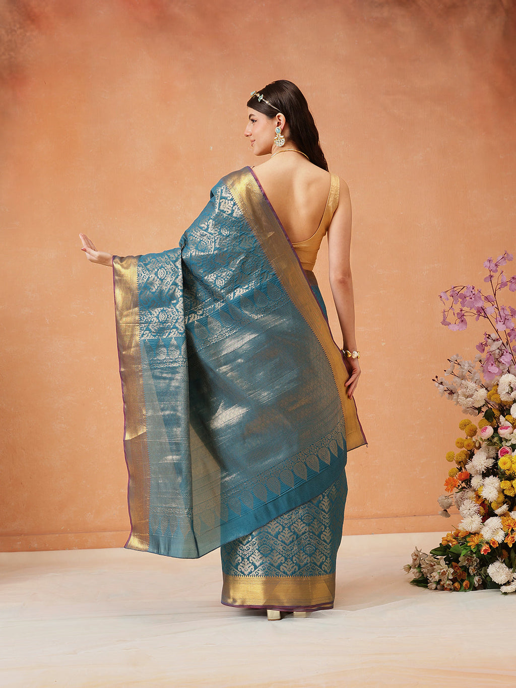 Teal Kanjeevaram Banarasi Silk Ikkat Woven Design Saree