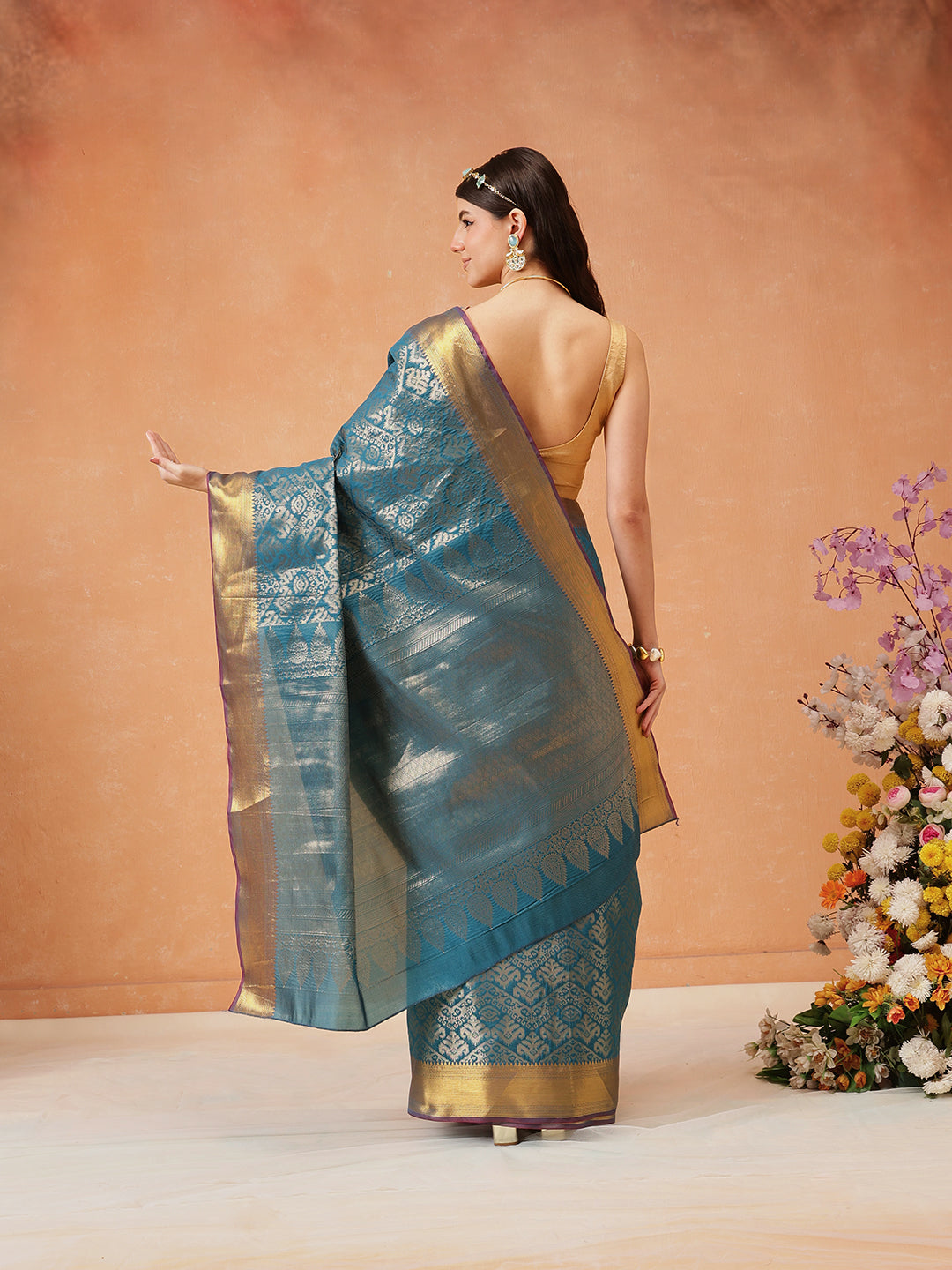 Teal Kanjeevaram Banarasi Silk Ikkat Woven Design Saree