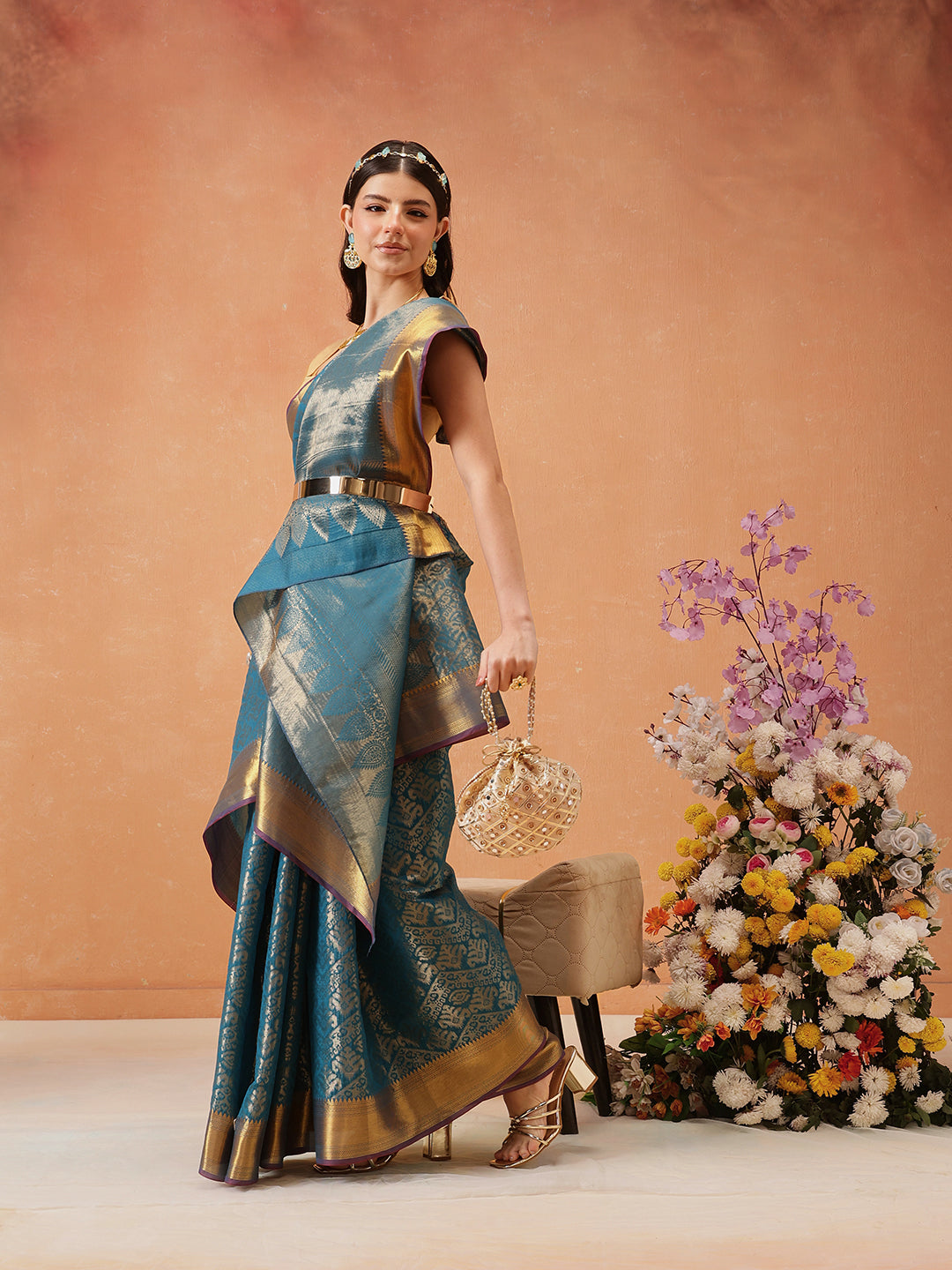 Teal Kanjeevaram Banarasi Silk Ikkat Woven Design Saree