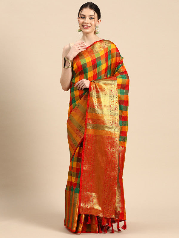 Multicolor Kanjeevaram silk saree with color-block check pattern and blouse piece