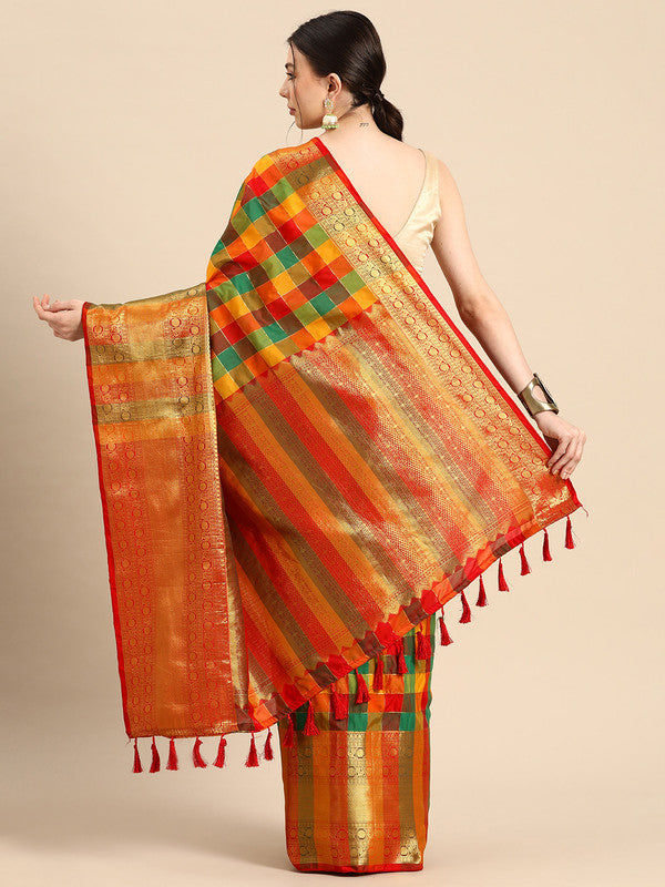 Multicolor Kanjeevaram Silk Checked Ethnic Saree with Blouse