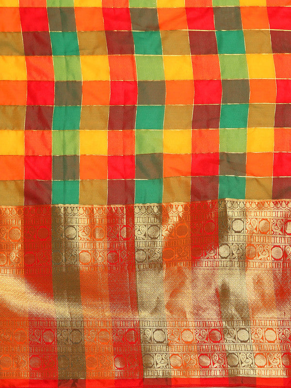 Multicolor Kanjeevaram Silk Checked Ethnic Saree with Blouse