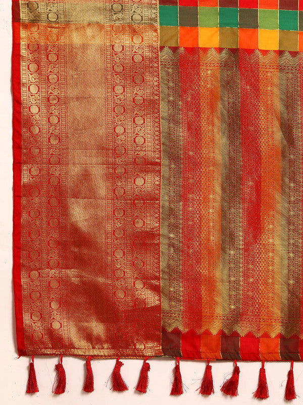 Multicolor Kanjeevaram Silk Checked Ethnic Saree with Blouse
