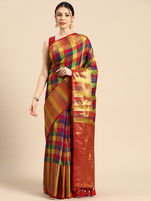 Multicolor Kanjeevaram silk colorblock checked saree with matching unstitched blouse piece