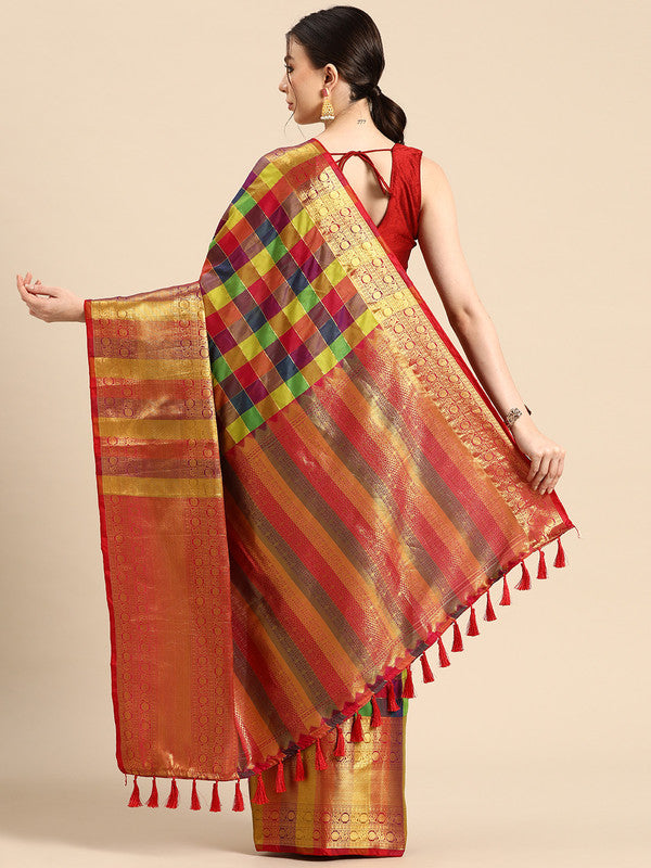 Multicolor Kanjeevaram Silk Colorblock Checked Saree with Blouse