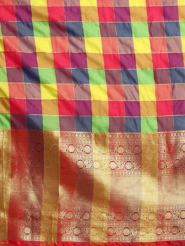 Multicolor Kanjeevaram Silk Colorblock Checked Saree with Blouse