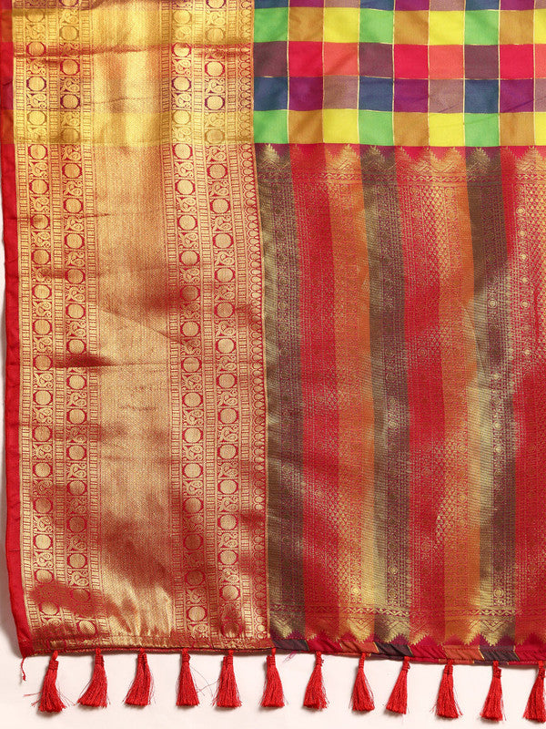 Multicolor Kanjeevaram Silk Colorblock Checked Saree with Blouse