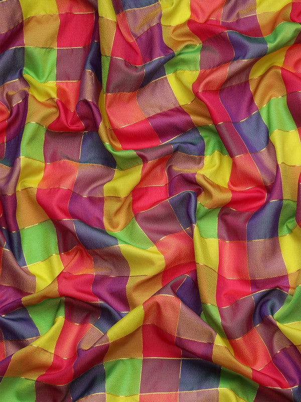 Multicolor Kanjeevaram Silk Colorblock Checked Saree with Blouse