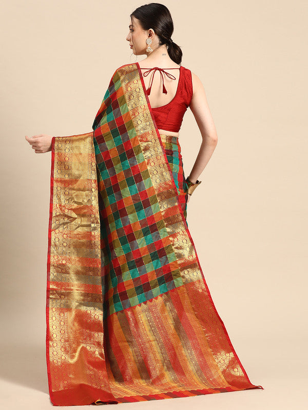 Multicolor Kanjeevaram Silk Colorblock Checked Saree with Blouse