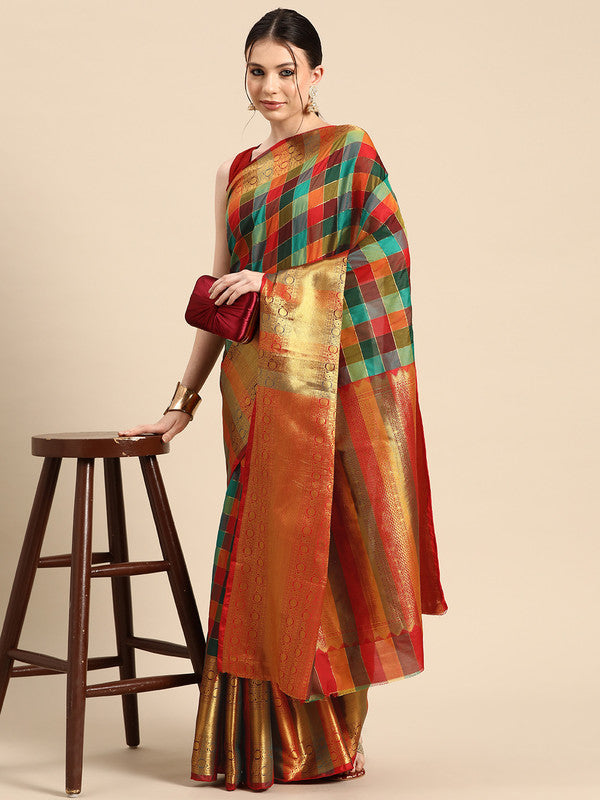 Multicolor Kanjeevaram silk saree with colorblock and checked design, including unstitched blouse fabric