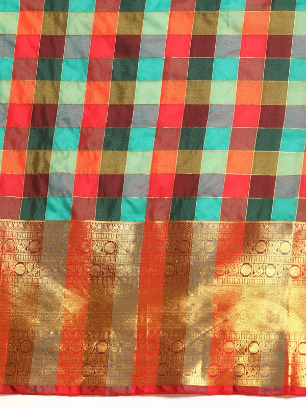 Multicolor Kanjeevaram Silk Colorblock Checked Saree with Blouse