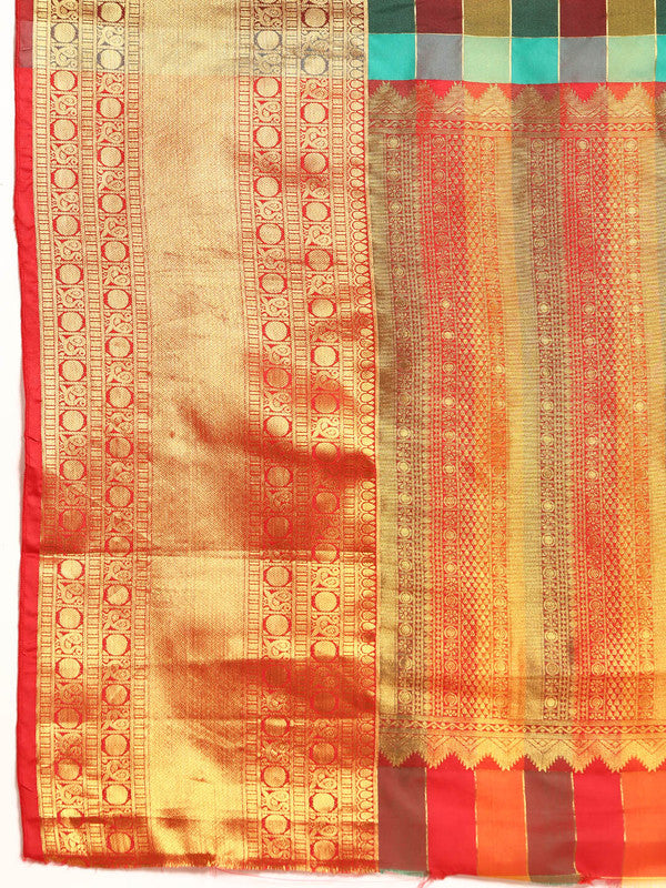 Multicolor Kanjeevaram Silk Colorblock Checked Saree with Blouse