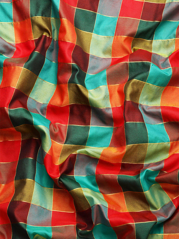 Multicolor Kanjeevaram Silk Colorblock Checked Saree with Blouse