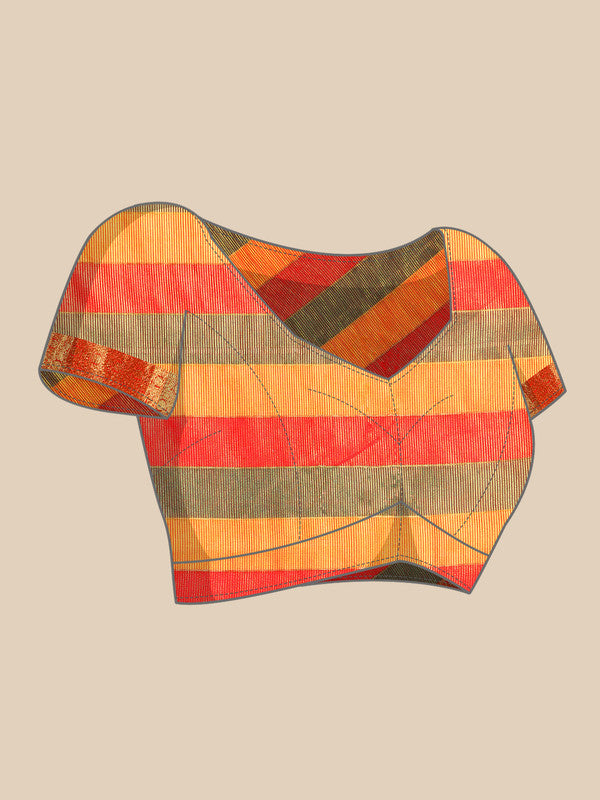 Multicolor Kanjeevaram Silk Colorblock Checked Saree with Blouse