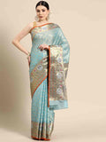Blue tissue silk saree with geometric gold zari patterns and matching unstitched blouse piece.