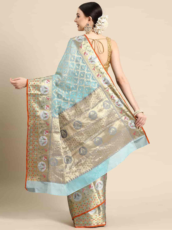 Blue Tissue Silk Saree with Geometric Woven Zari & Blouse Piece