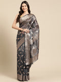 Black Organza Silk saree with woven zari and floral pattern and matching blouse piece