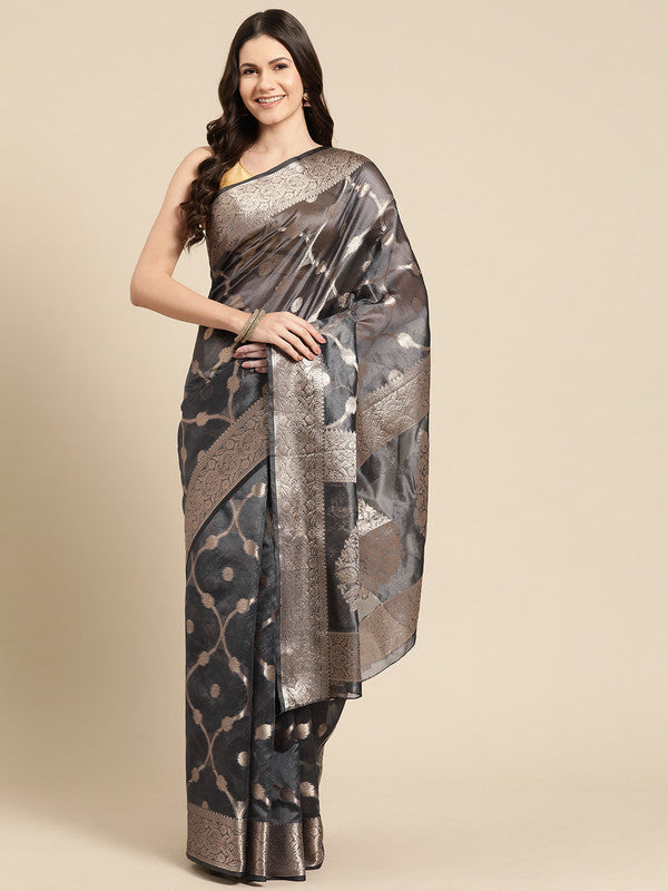 Black Organza Silk saree with woven zari and floral pattern and matching blouse piece