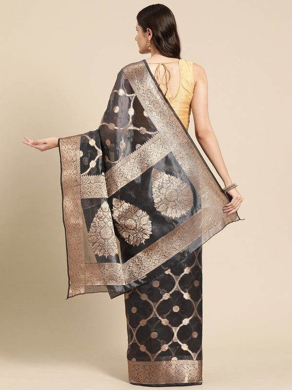 Black Organza Silk Saree with Woven Zari Floral Design & Blouse