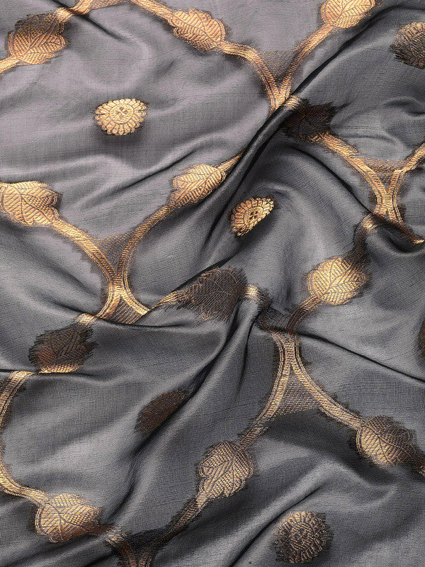 Black Organza Silk Saree with Woven Zari Floral Design & Blouse