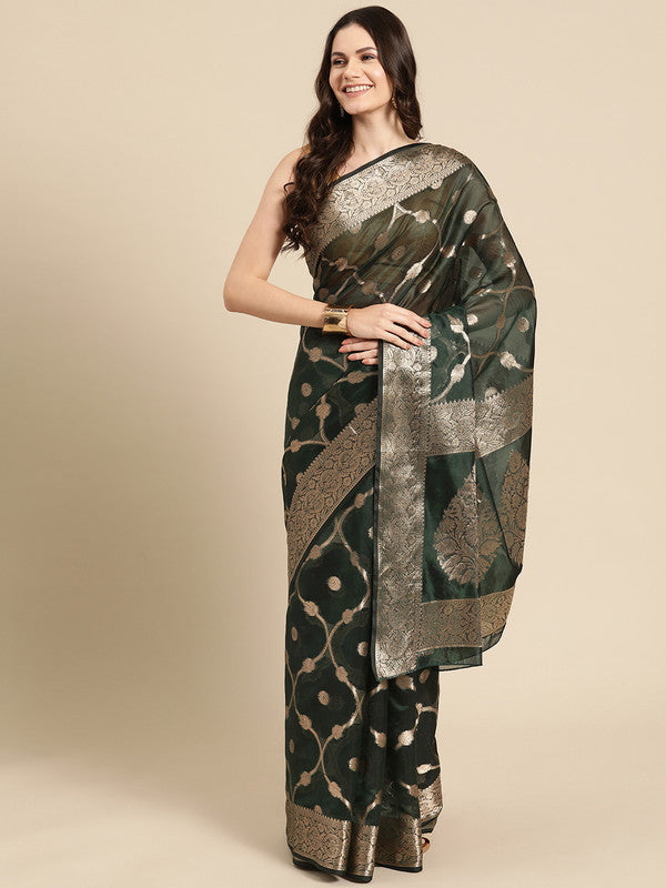 Green Organza Silk saree with intricate zari weaving and floral motifs