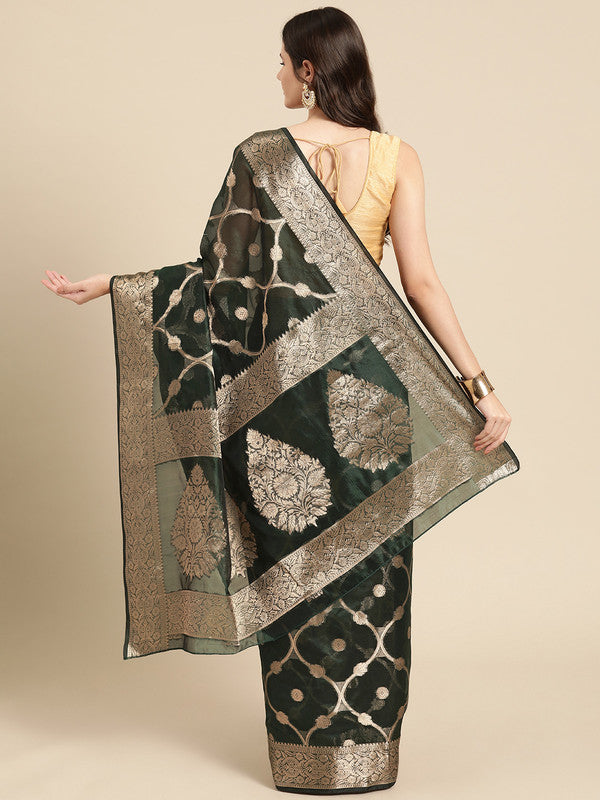 Green Organza Silk Woven Zari Floral Saree with Unstitched Blouse