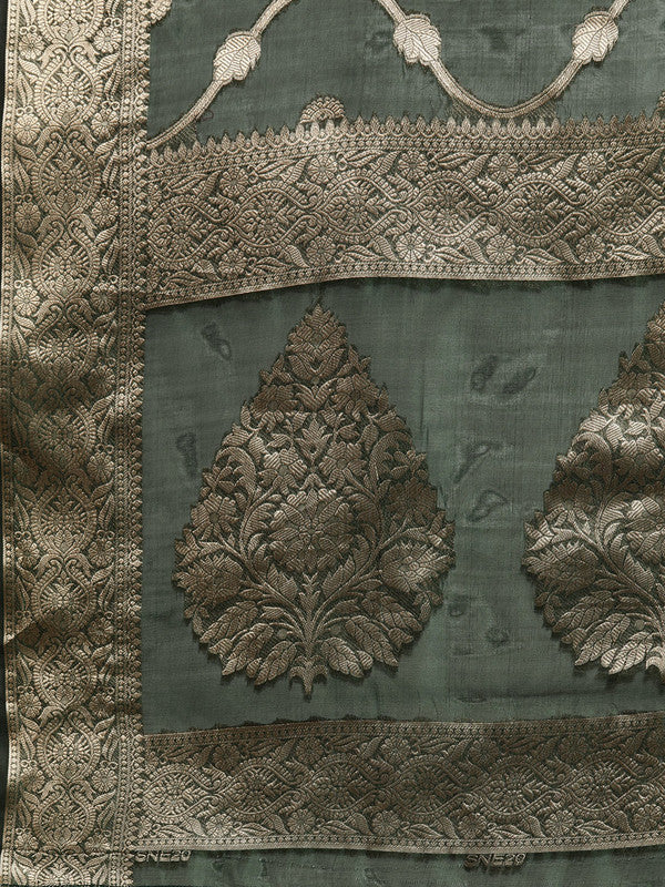 Green Organza Silk Woven Zari Floral Saree with Unstitched Blouse