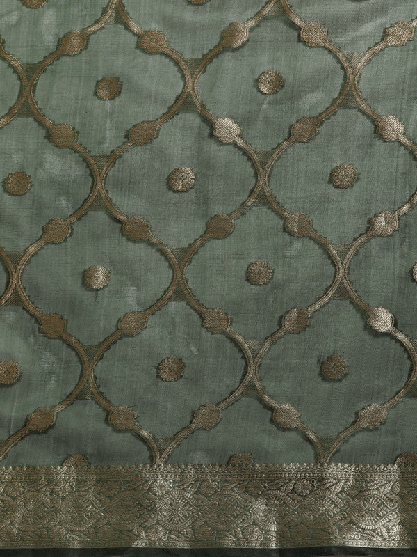 Green Organza Silk Woven Zari Floral Saree with Unstitched Blouse