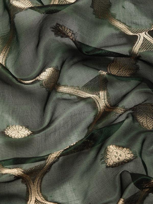 Green Organza Silk Woven Zari Floral Saree with Unstitched Blouse