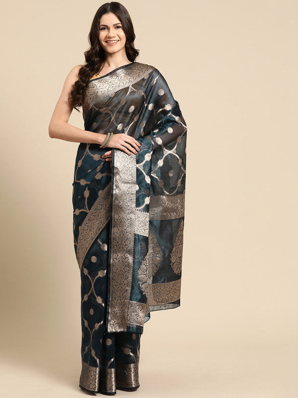 Turquoise Organza Silk floral saree with intricate woven Zari details and unstitched blouse