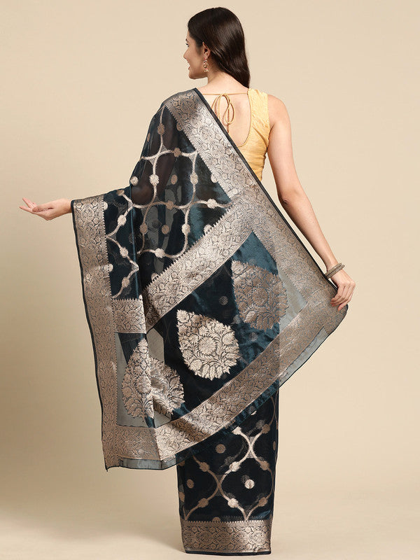 Turquoise Organza Silk Floral Saree with Woven Zari Design