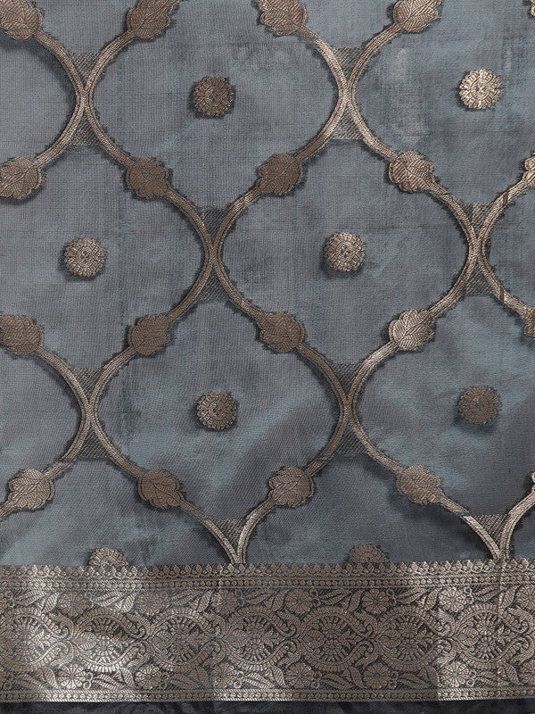 Turquoise Organza Silk Floral Saree with Woven Zari Design