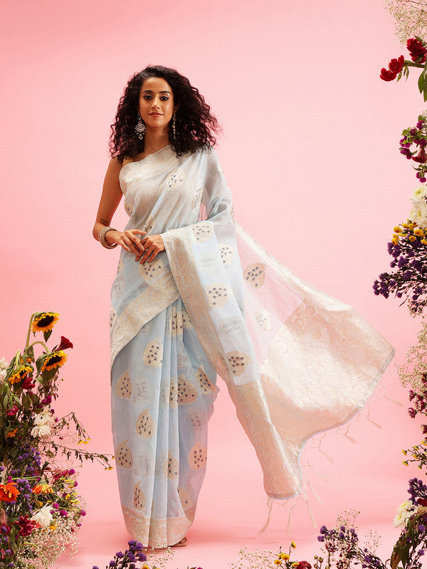 Blue Linen Woven Thread Floral Saree with Unstitched Blouse - Hiral Fashion