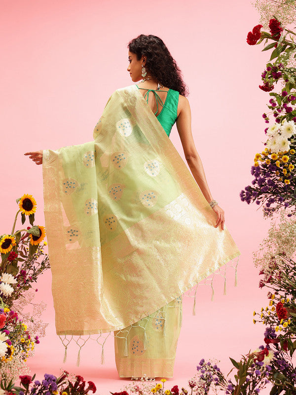 Green Linen Woven Thread Floral Saree with Unstitched Blouse - Hiral Fashion