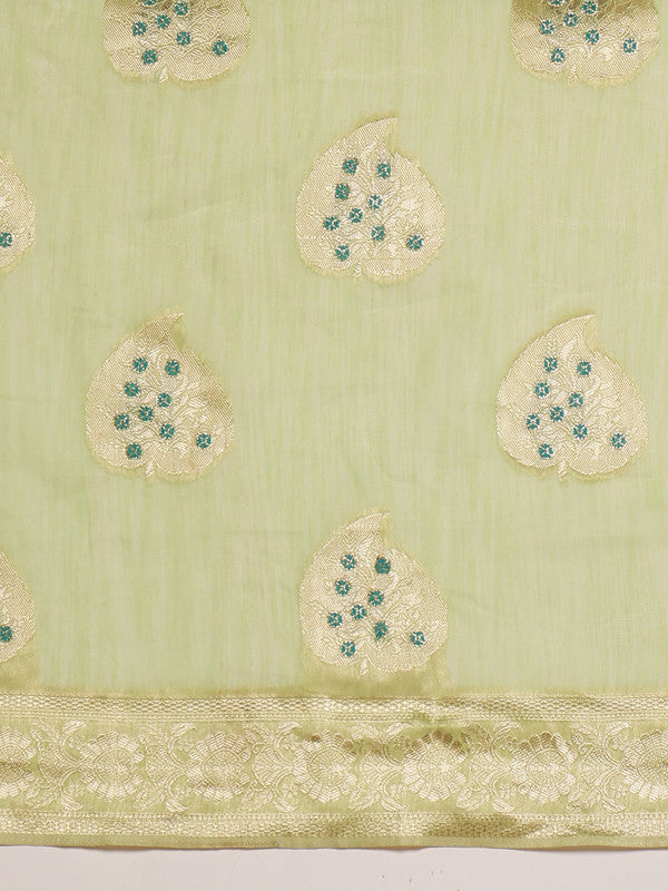 Green Linen Woven Thread Floral Saree with Unstitched Blouse - Hiral Fashion