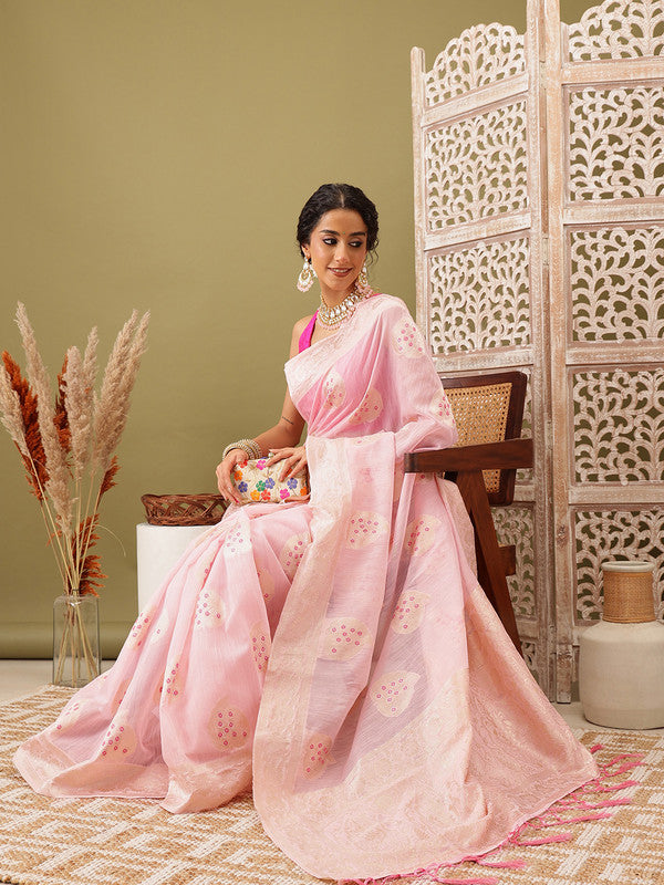 Light pink linen woven thread floral saree with unstitched blouse piece
