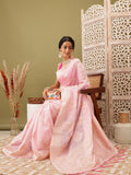 Light pink linen woven thread floral saree with unstitched blouse piece
