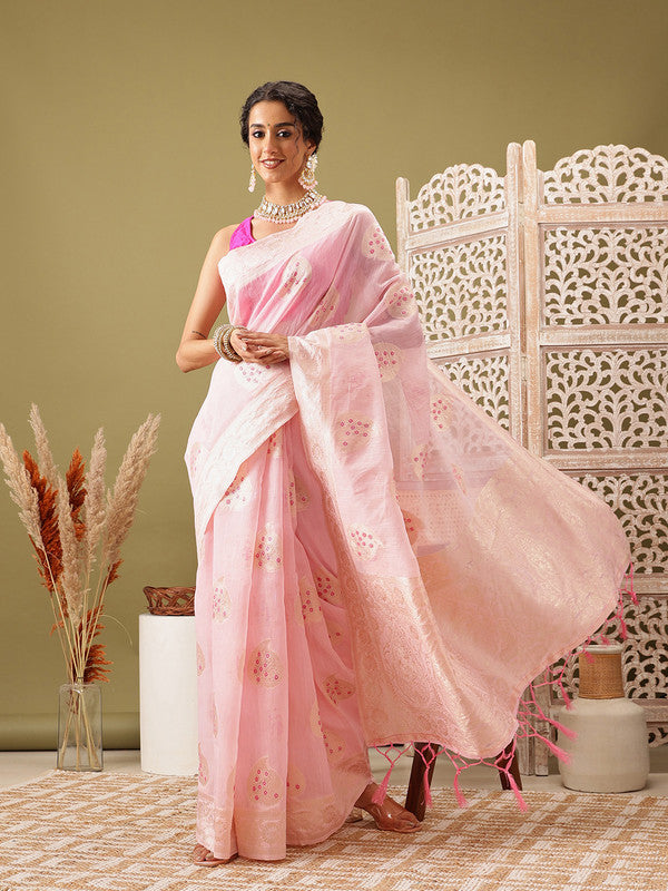 Light Pink Linen Floral Saree with Unstitched Blouse