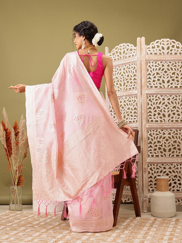 Light Pink Linen Floral Saree with Unstitched Blouse