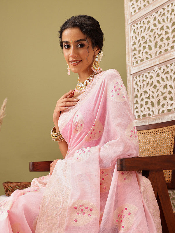 Light Pink Linen Floral Saree with Unstitched Blouse