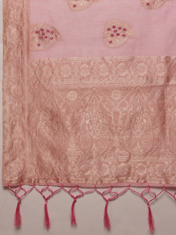 Light Pink Linen Floral Saree with Unstitched Blouse