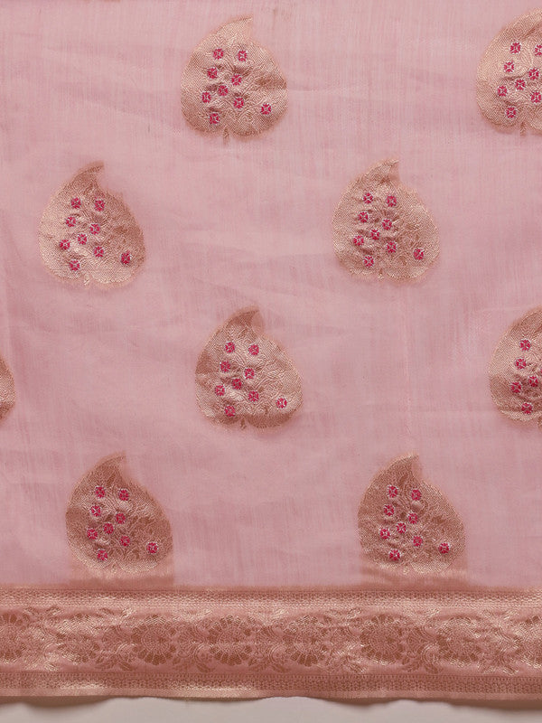 Light Pink Linen Floral Saree with Unstitched Blouse