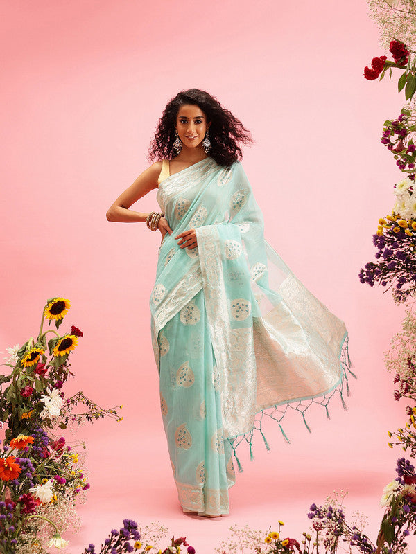 Turquoise Linen Floral Saree with Woven Thread Detail