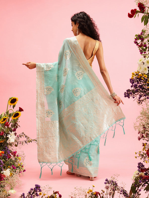 Turquoise Linen Floral Saree with Woven Thread Detail