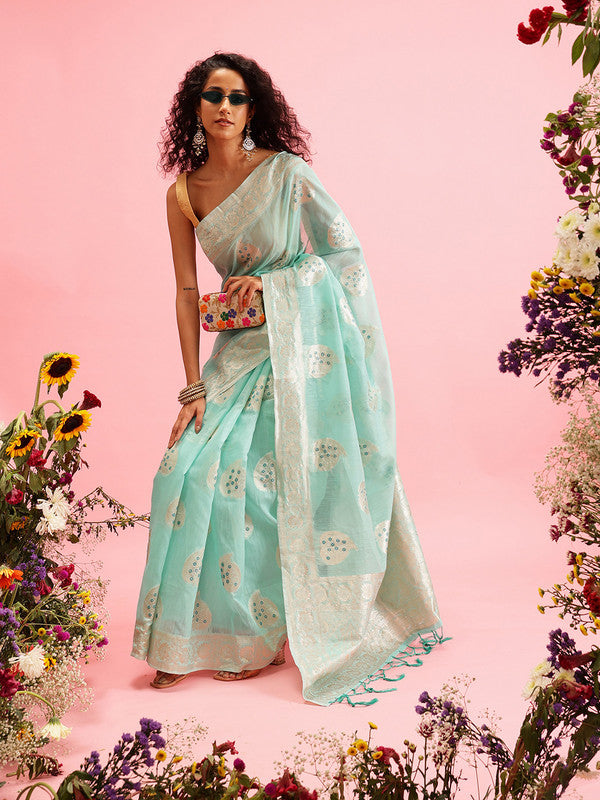 Turquoise Linen Floral Saree with Woven Thread Detail