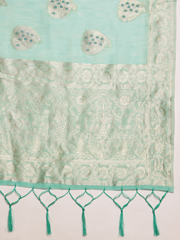 Turquoise Linen Floral Saree with Woven Thread Detail