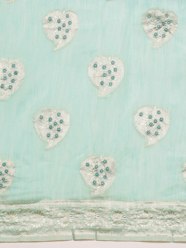 Turquoise Linen Floral Saree with Woven Thread Detail